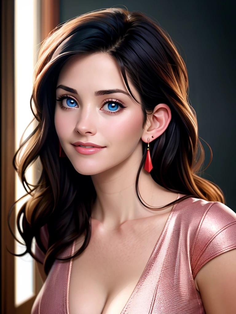 Realistic photo of a beautiful c0urt3n3yc woman,1girl,solo,long hair,breasts,looking at viewer,smile,blue eyes,black hair,cleavage,jewelry,medium breasts,upper body,earrings,bracelet,lips,realistic,soft lighting, professional Photography, Photorealistic, detailed, RAW, analog, sharp focus, 8k, HD, high quality, masterpiece<lora:c0urt3n3yc:1.0>