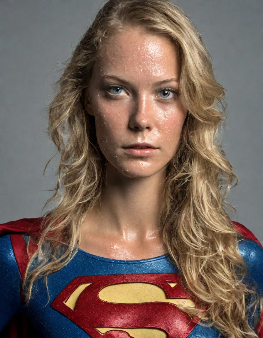 body portrait photograph of 1girl cosplaying as supergirl, (she is sweaty:1.5), ultra detailed skin texture, cinematic, promotional movie photograph, photo shot by Ingrid baars, shot with Hasselblad