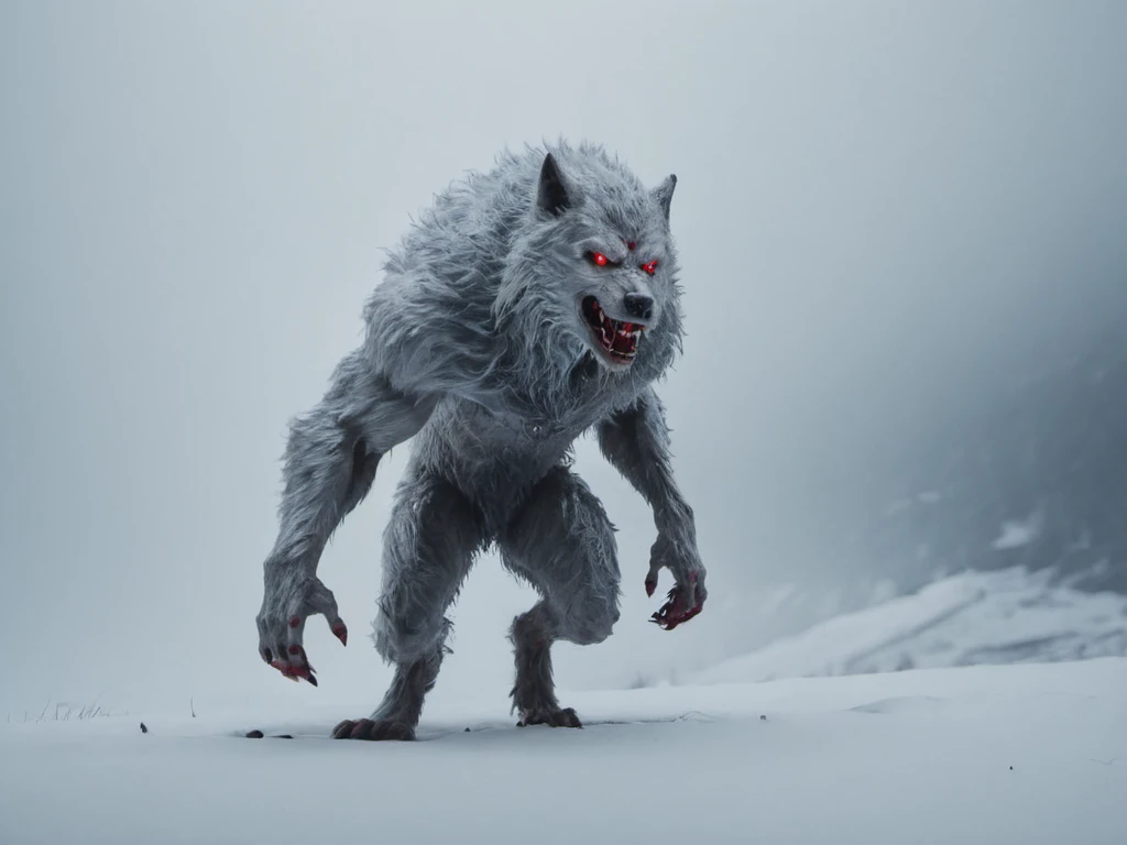 In the midst of a cinematic snowfall, framed by the Sony A7S III, a modern-werewolf emerges from the landscape. Bipedal and powerful, this creature commands attention with its striking white fur. Its intense, glowing red eyes pierce through the blizzard, capturing intricate details that emphasize its otherworldly presence in the snowy hills. <lora:Modern_Werewolf:1>
