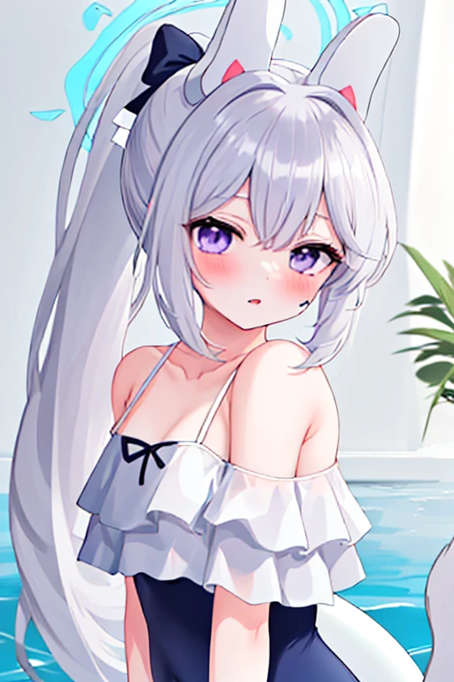 best quality, masterpiece, highres, solo, {yuexuemiyako:1.15}, long_hair, halo, white_hair, purple_eyes, blush, bangs, bow, hair_bow, swimsuit, one-piece_swimsuit, ponytail, breasts, animal_ears, grey_hair