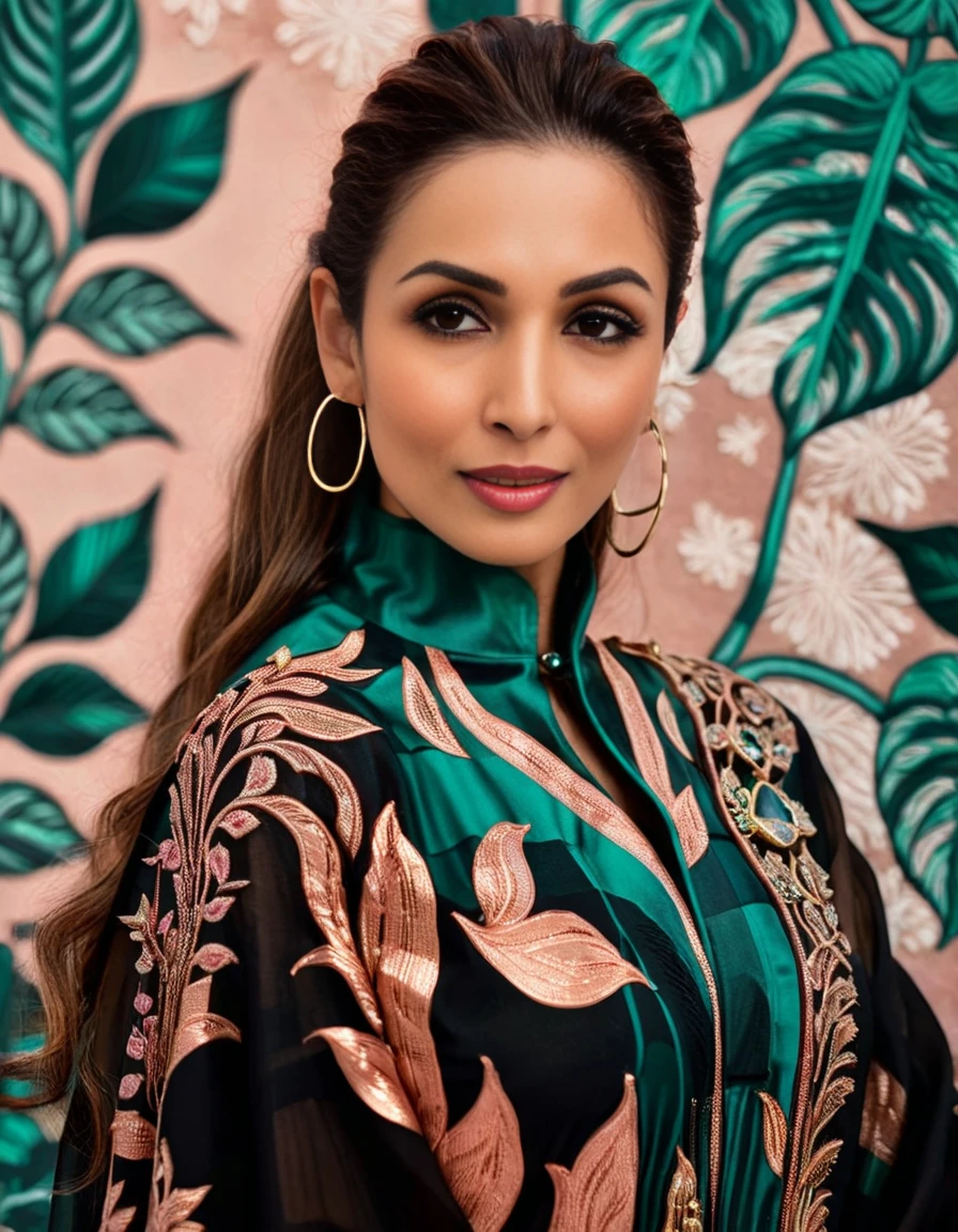 MalaikaArora,<lora:MalaikaAroraSDXL:1>, portrait,close up of a Irresistible (Girl:1.3) , ð¤, Intellectual, the Girl is dressed in a Evocative Copper and Malachite Embellishments Abaya that was inspired by Unilever, It is dark black and Pink, The Abaya looks Absurd on her, roots, Snowing, (designed by Chad Knight:0.7) , Hope Gangloff, Detailed illustration, F/1.8, Film grain