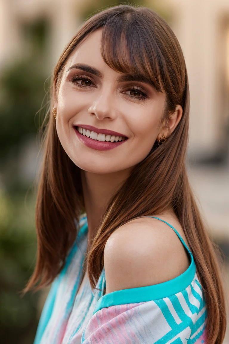 headshot, raver woman, raver clothing, smile, bangs, drunk, soft colors, bokeh, masterpiece, high quality, (high detailed skin:1.1)
<lora:lily_collins_lora_v01:1> l1lyco