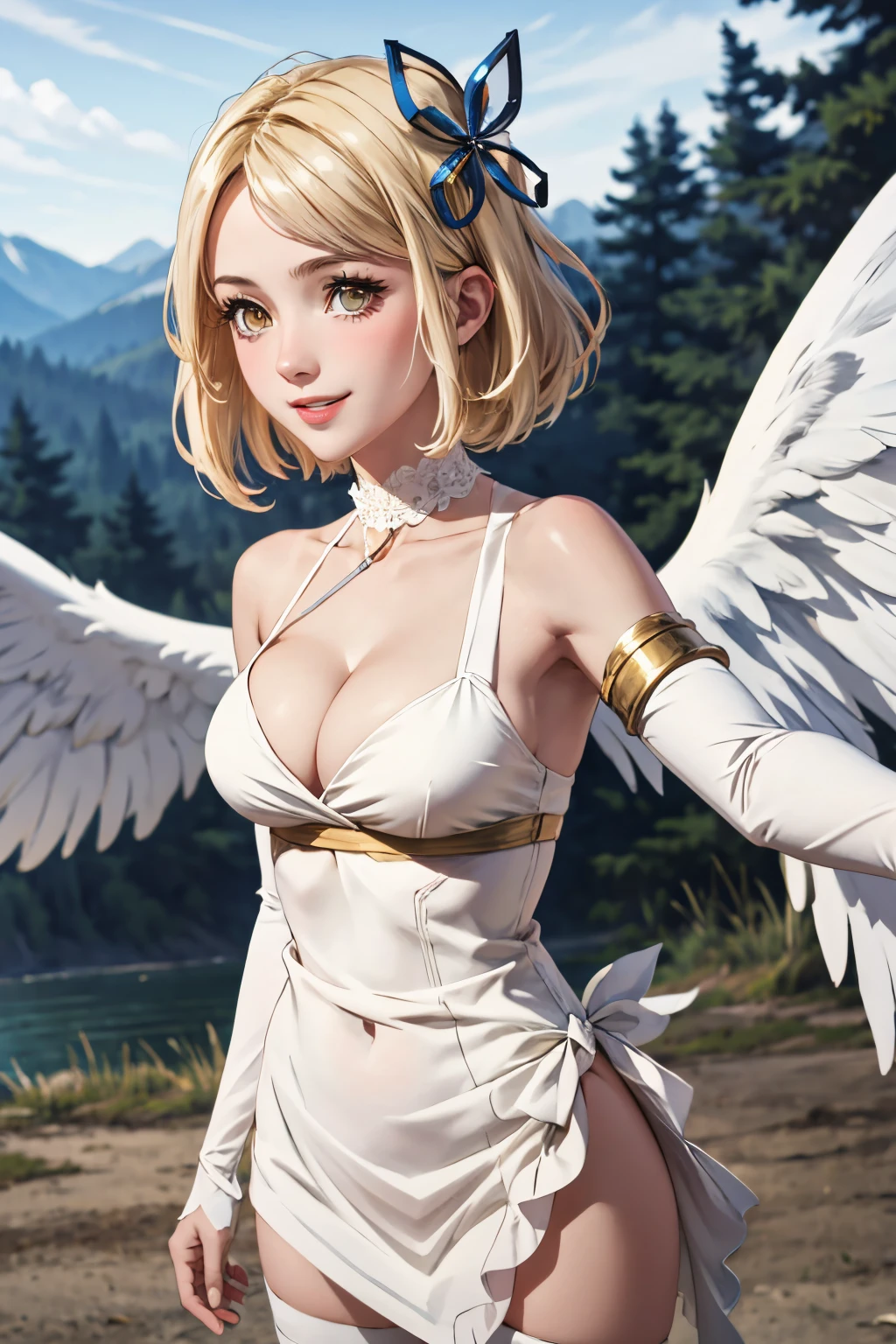 1 girl, solo, (white short hair:1.2), (short blunt bangs:1.2), red eyes, big golden choker, angel, breast, nipples, ((day)), upper body, standing, nude, uncensored