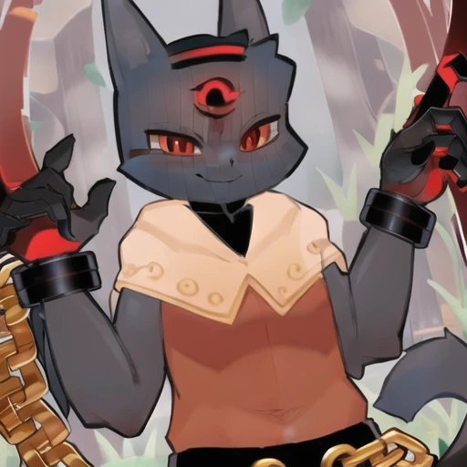 simple, <lora:narinder:1>, narinder, furry, solo, cat boy, shackles, extra eyes, creppy, red eyes, smile
