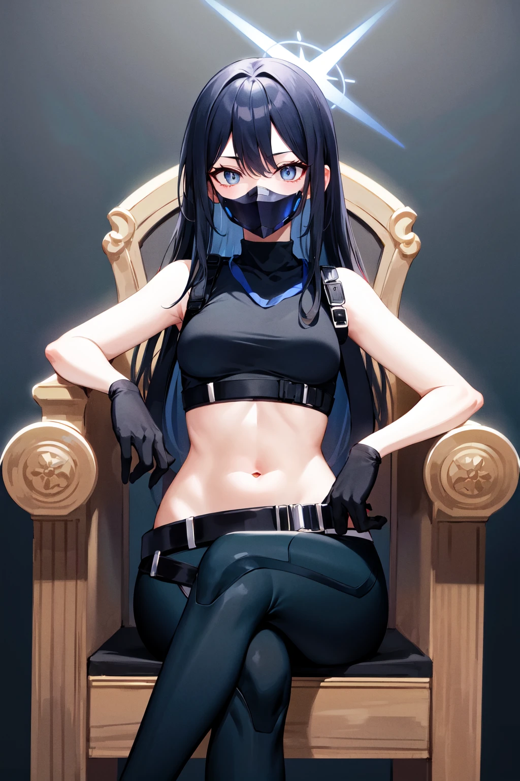 masterpiece, best quality, highres, aasaori, halo, long hair, black hair, mouth mask, black mask, bare shoulders, crop top, black shirt, harness, sleeveless, black gloves, midriff, belt, black pants, <lora:saori_(blue_archive)_v1:0.7>, sitting, crossed legs, throne,