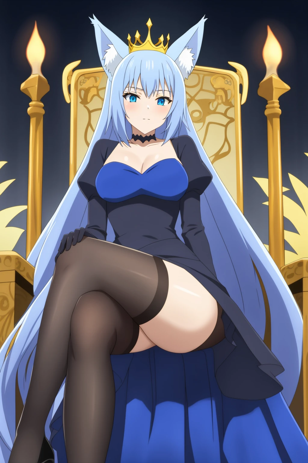 fairyqueen, 1girl, solo, long_hair, breasts, looking_at_viewer, bangs, blue_eyes, animal_ears, medium_breasts, very_long_hair, animal_ear_fluff, fox_ears, light_blue_hair, black_dress, black_long_dress, sitting, throne, crossed_legs, from_below, black_stockings