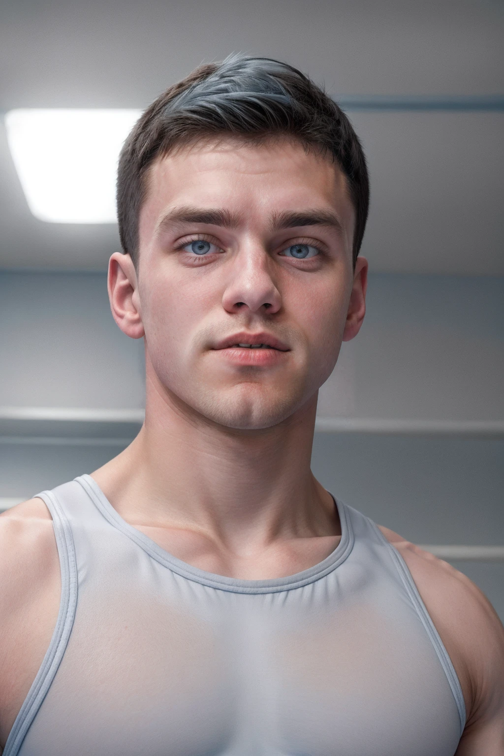 close-up headshot photo of fb_billy  <lora:fratbrat_billy-06:0.75> wearing sky blue leotard with white and gray accents, blurred gym background, soft diffused lighting, contemplative and focused mood, slight thoughtful expression, 85mm, f/2.8