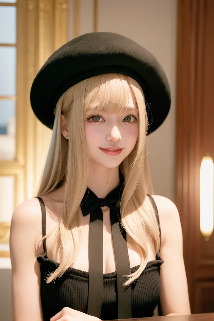 1girl,solo,(lewd smile:1.2),long_hair,looking_at_viewer,bangs,palace,blonde hair,revealing clothes,hooker,<lora:77_kuroki:1>,arm tattoo,beret,