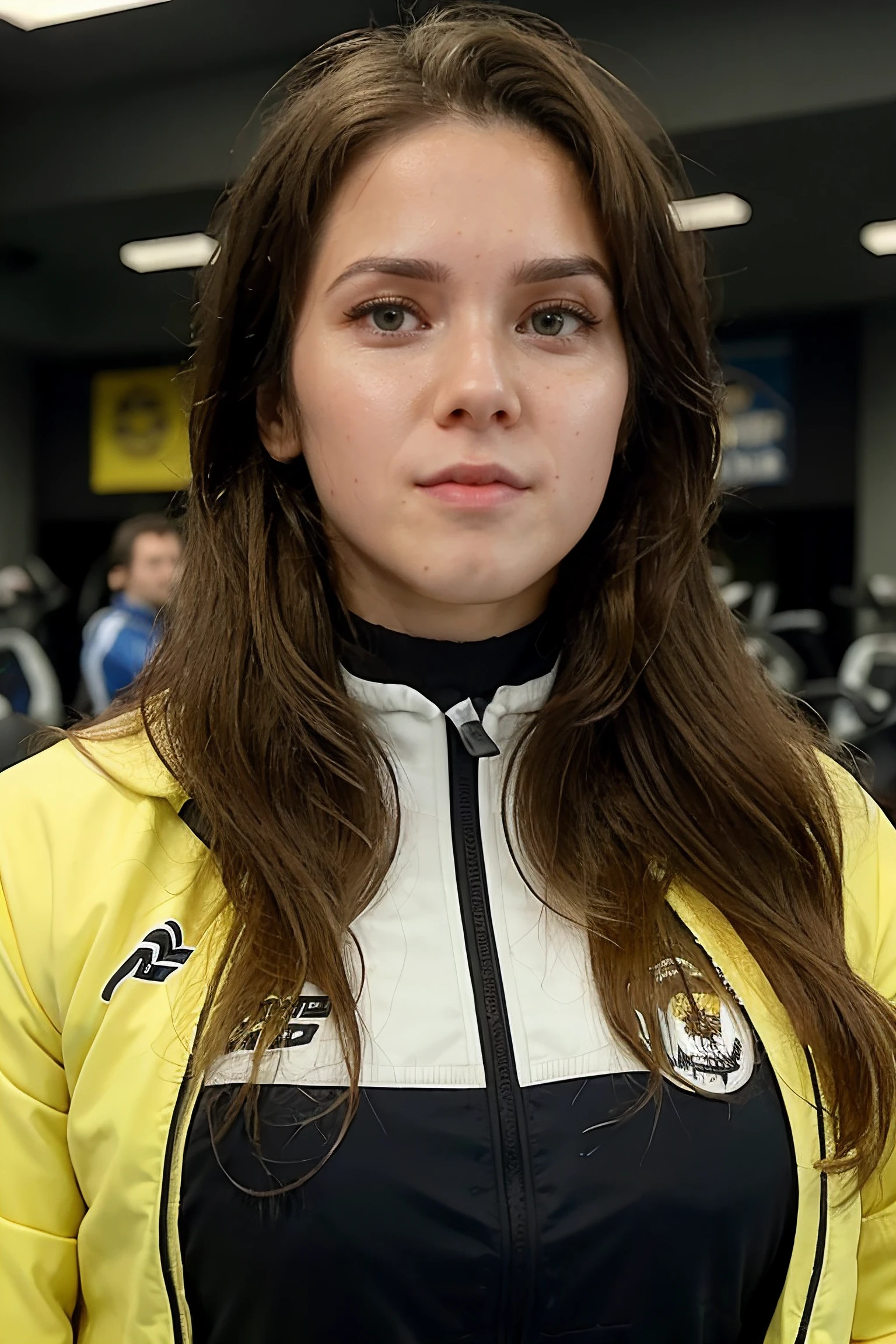 maria andrejczyk, long hair, wavy hair, smooth skin, perfect skin,
sports jacket, sporty jacket, yellow sports jacket,
upper body, medium close-up, gym background, bike,
<lora:MariaAndrejczyk_(V1):0.7>