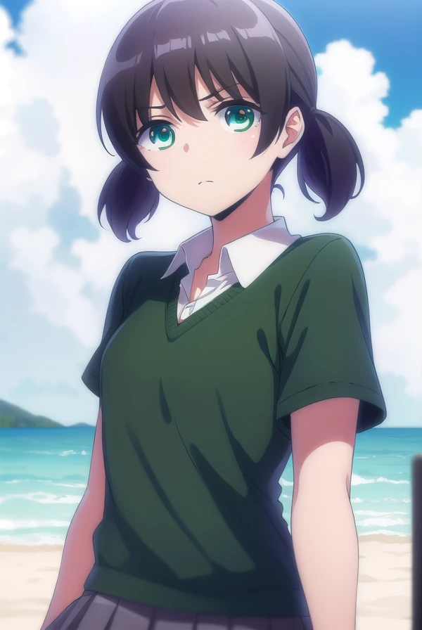 maisunagawa, <lora:mai sunagawa anime s1-lora-nochekaiser:1>,
mai sunagawa, short hair, bangs, twintails, (green eyes:1.3), black hair, short twintails,
BREAK skirt, shirt, school uniform, short sleeves, pleated skirt, collared shirt, black shirt,
BREAK outdoors, beach,
BREAK looking at viewer,
BREAK <lyco:GoodHands-beta2:1>, (masterpiece:1.2), best quality, high resolution, unity 8k wallpaper, (illustration:0.8), (beautiful detailed eyes:1.6), extremely detailed face, perfect lighting, extremely detailed CG, (perfect hands, perfect anatomy),