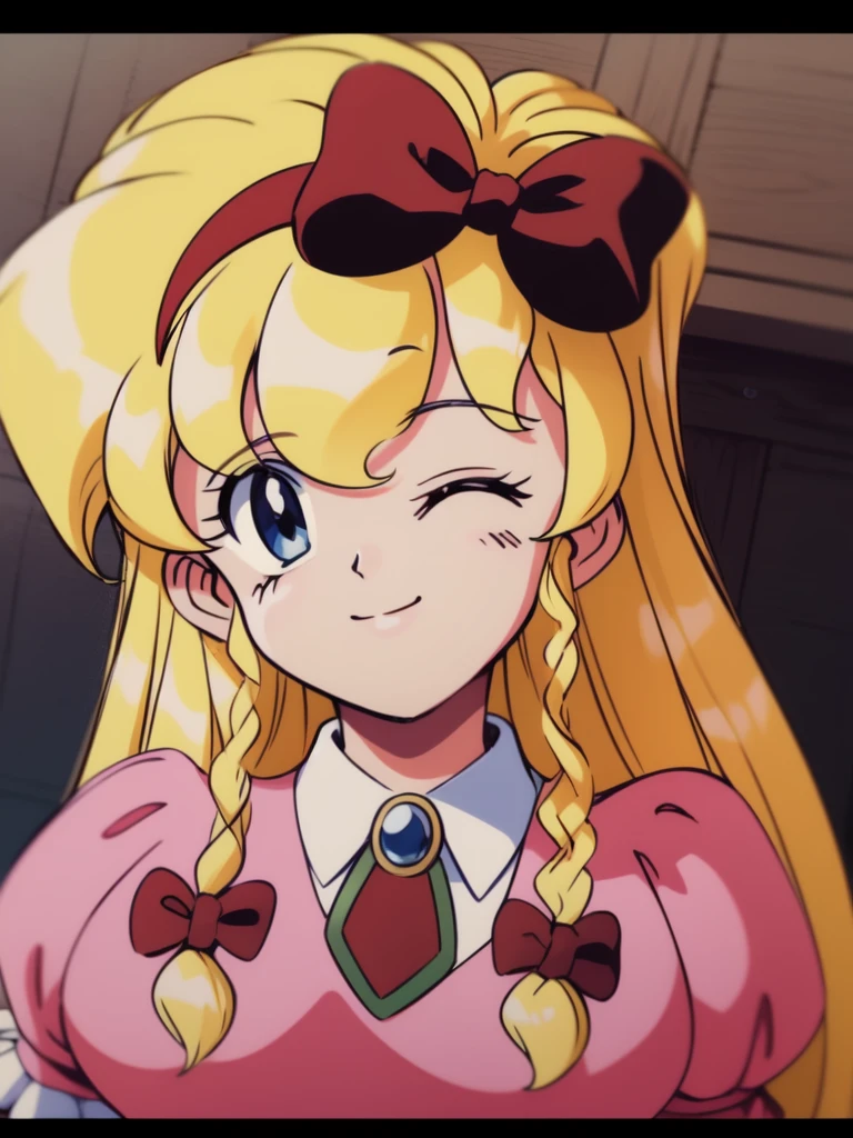 <lora:Maria_Renard:1>MariaRenard, 1girl, blonde hair, solo, very_long_hair, one eye closed, blue eyes, long hair, bow, braid, smile, hair bow, brooch, twin braids, puffy sleeves, upper body, dress, waving, red bow, short sleeves, puffy short sleeves, jewelry, yellow background, hairband, looking at viewer
masterpiece, high quality, very_high_resolution, large_filesize, full color,ã1990s \(style\), anime, anime_screencap, animated gif, mp4 ,video, animated,