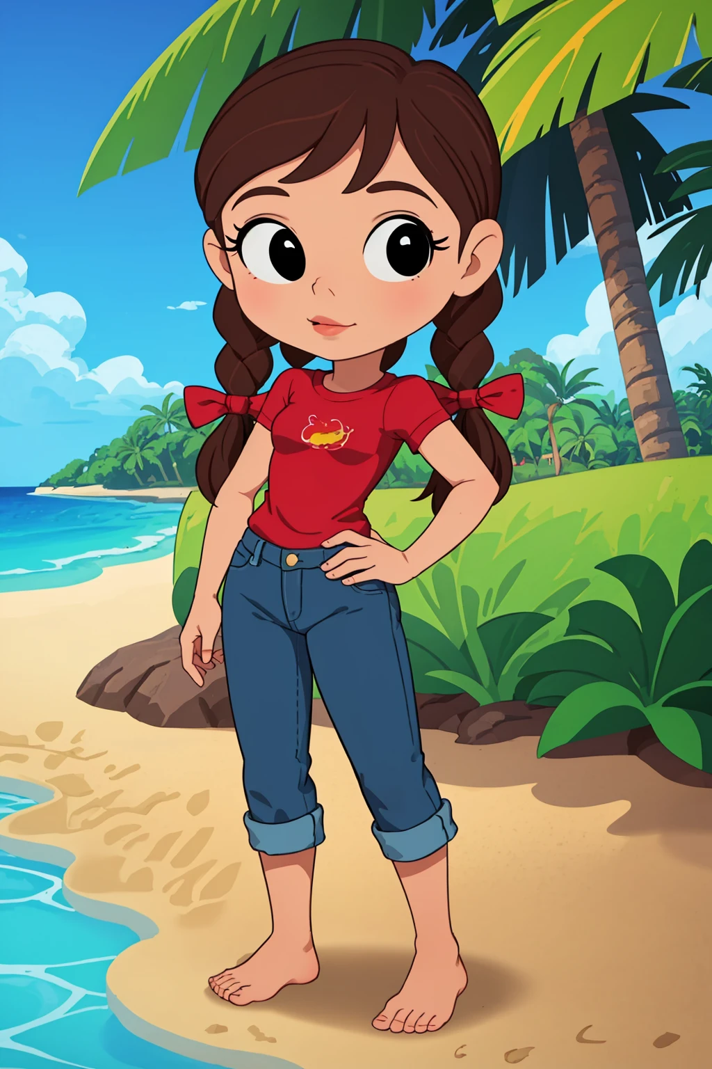 masterpiece, best quality, 1girl, dorothy, brown hair, twin braids, black eyes, red shirt, denim pants, full body, solo, looking at viewer, sea, sand, blue sky, tropical island background <lora:Dorothy:0.8>