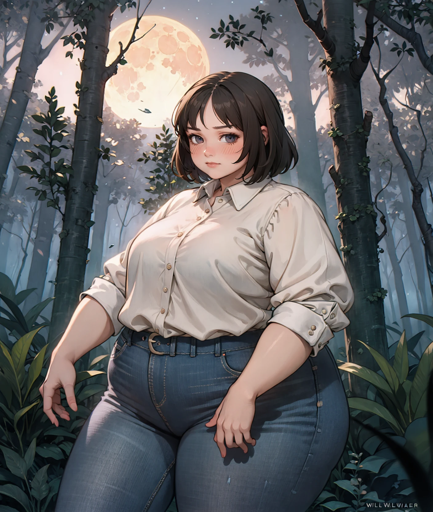 <lora:symodel-3-0-a3-lyco-extract:1>
masterpiece, volumetric lighting, (art by Sizemologist:0.6), (art by Breadwithketchup:0.5), (John William Waterhouse art style:1.2),
solo, 1girl,
fat, clothed midsection, collared shirt, jeans, night, moon, forest, cowboy shot, wide hips