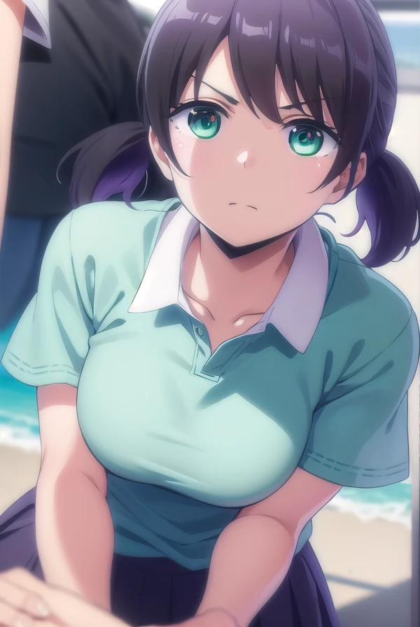 maisunagawa, <lora:mai sunagawa anime s1-lora-nochekaiser:1>,
mai sunagawa, short hair, bangs, twintails, (green eyes:1.3), black hair, short twintails,
BREAK skirt, shirt, school uniform, short sleeves, pleated skirt, collared shirt, black shirt,
BREAK outdoors, beach,
BREAK looking at viewer,
BREAK <lyco:GoodHands-beta2:1>, (masterpiece:1.2), best quality, high resolution, unity 8k wallpaper, (illustration:0.8), (beautiful detailed eyes:1.6), extremely detailed face, perfect lighting, extremely detailed CG, (perfect hands, perfect anatomy),