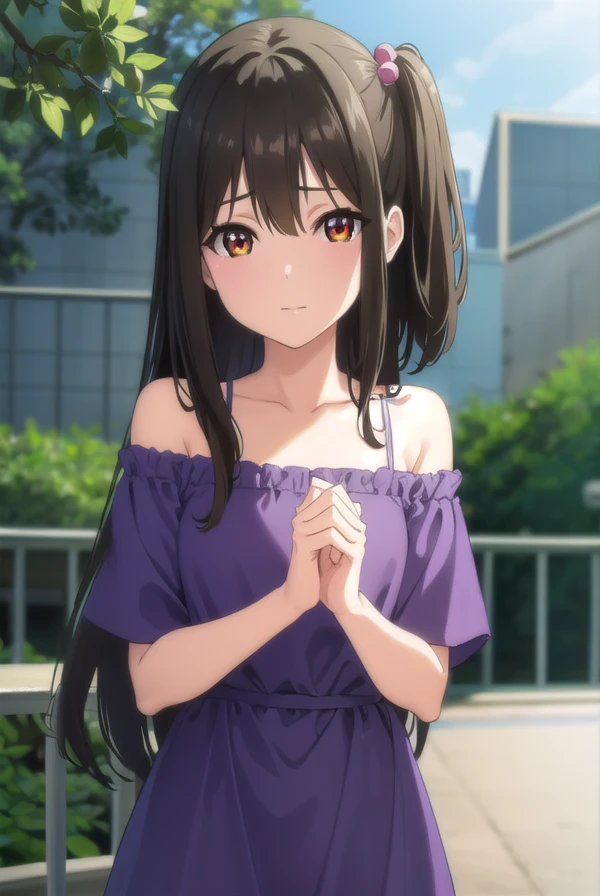 tenkaadachi, <lora:tenka adachi ova-lora-nochekaiser:1>,
tenka adachi, black hair, (brown eyes:1.3), side ponytail, long hair, hair bobbles,
BREAK shorts, off shoulder, dress, purple dress,
BREAK outdoors,
BREAK looking at viewer, (cowboy shot:1.5),
BREAK <lyco:GoodHands-beta2:1>, (masterpiece:1.2), best quality, high resolution, unity 8k wallpaper, (illustration:0.8), (beautiful detailed eyes:1.6), extremely detailed face, perfect lighting, extremely detailed CG, (perfect hands, perfect anatomy),