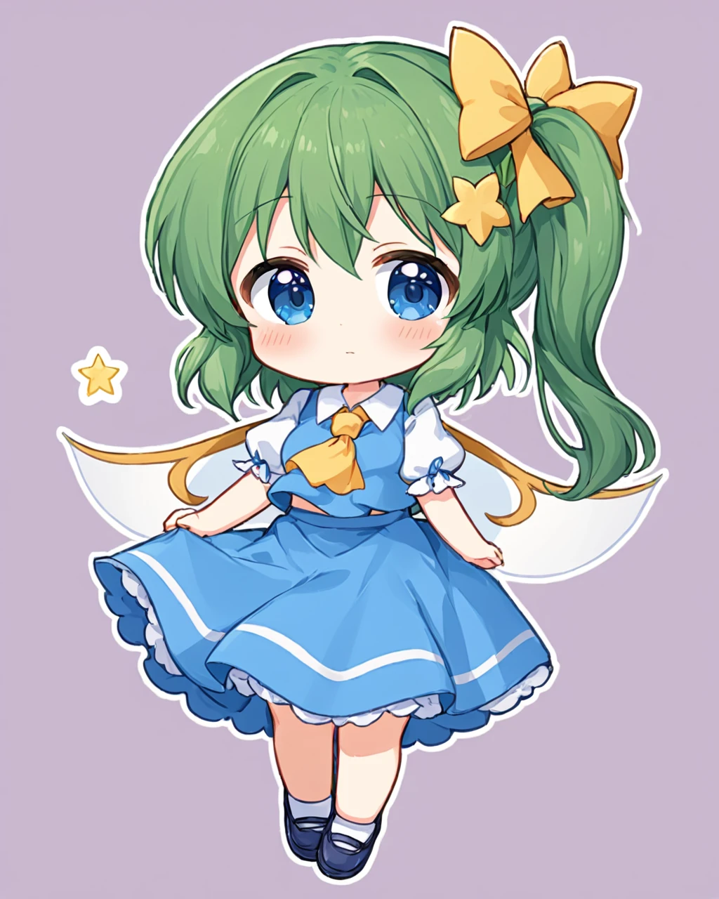 daiyousei,1girl, solo, chibi, fairy_wings, holding_flower, white_background, blush_stickers, shirt, simple_background, dress, blush, skirt, ascot, side_ponytail, full_body, looking_at_viewer, puffy_short_sleeves, hair_ribbon, bow, shoes
<lora:daiyousei_image3166_2023-12-11-000010:1>,star-shaped_pupils,symbol-shaped_pupils,. gorgeous,key visual, vibrant, studio anime,award-winning, professional, highly detailed,high budget, cinemascope