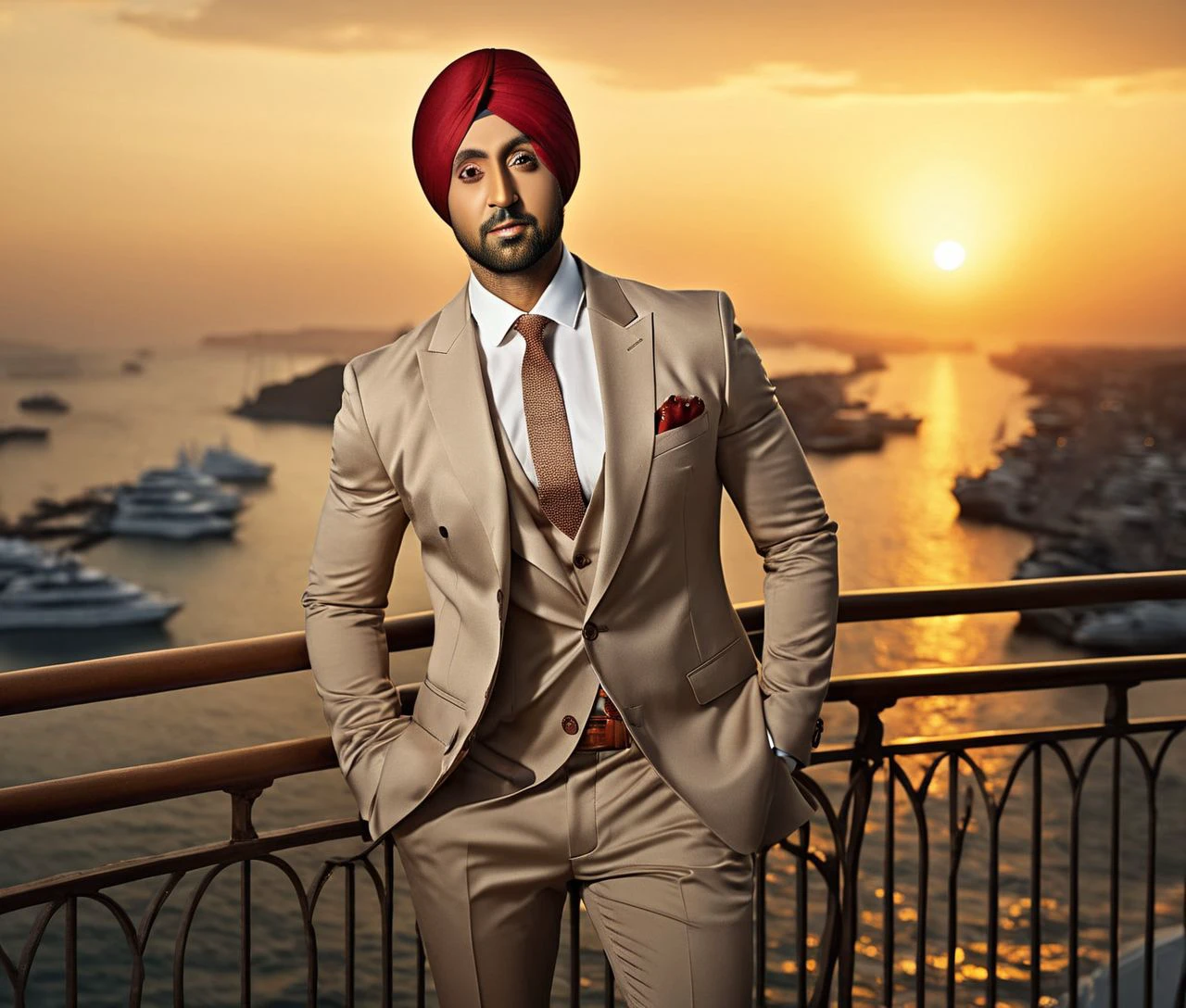 Nautical-themed (Photo:1.3) of (Ultrarealistic:1.3) <lora:Man_Men_FFashion:1> Ranbir Kapoor a man <lora:Diljit:0.9> in a tan suit standing on a balcony, sun behind him, inspired by Pablo Munoz Gomez, shot at golden hour, editorial photograph, midshot of a hunky, by Roman Bezpalkiv, by Artur Tarnowski, maxim sukharev, by Gabor Szikszai,Highly Detailed,(Mono Color:1.3) . Sea, ocean, ships, maritime, beach, marine life, highly detailed