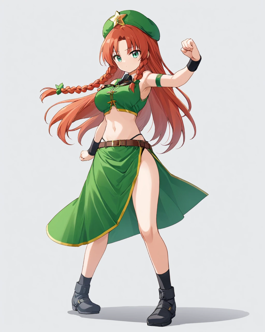 hong meiling,1girl, solo, black_panties, star_hat_ornament, star_\(symbol\), green_headwear, navel, belt, twin_braids, midriff, breasts, white_background, standing_on_one_leg, fighting_stance, full_body, side_braids, pantyshot, simple_background, looking_at_viewer, beret, bare_legs, crop_top, adapted_costume, black_footwear, wristband, green_skirt
<lora:hong_meiling_image3632_2023-12-11-000004:1>,star-shaped_pupils,symbol-shaped_pupils,. gorgeous,key visual, vibrant, studio anime,award-winning, professional, highly detailed,high budget, cinemascope