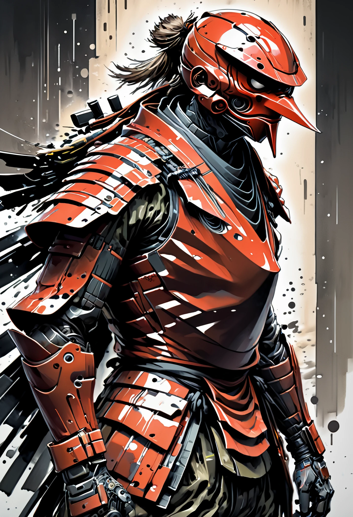 Illustration, red ninja armor, inspired by tengu with long nose, very intricate advanced armor, integrated neon lights, masterpiece, highly detailed, ((art by Yoji Shinkawa AND Greg Rutkowski):1.25), ((concept artwork, speed painting, sketch):1.3), Japanese ink