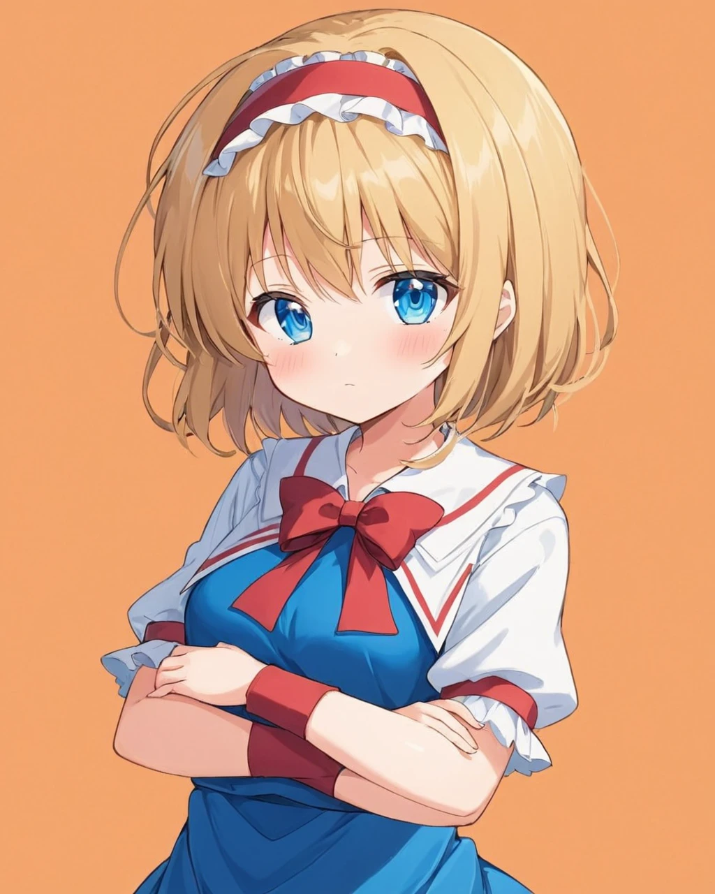 alice margatroid,1girl, red_hairband, solo, doll, closed_mouth, looking_at_viewer, blue_dress, blush, standing, long_sleeves, puffy_short_sleeves, orange_background, white_capelet, simple_background, red_background, frills, red_bow, crossed_arms, shirt, skirt
<lora:alice_margatroid_image3379_2023-12-11-000006:1>,star-shaped_pupils,symbol-shaped_pupils,. gorgeous,key visual, vibrant, studio anime,award-winning, professional, highly detailed,high budget, cinemascope