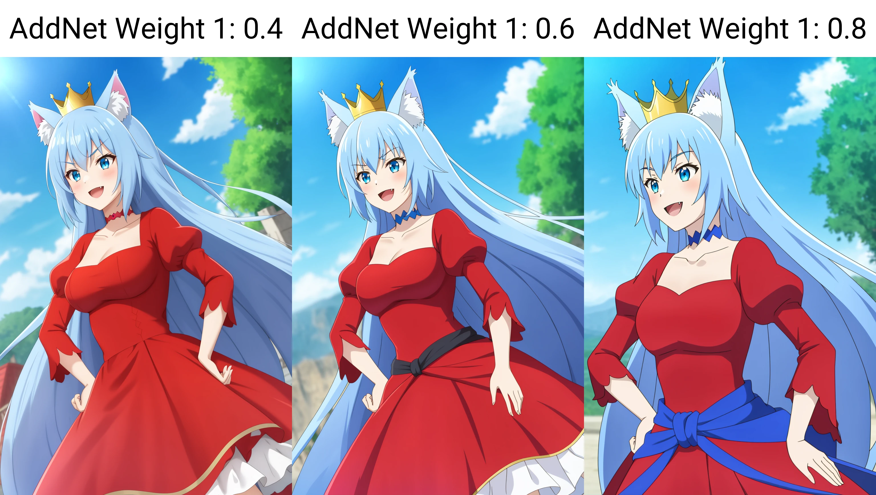 fairyqueen, 1girl, solo, long_hair, breasts, smile, open_mouth, bangs, blue_eyes, animal_ears, very_long_hair, blue_hair, collarbone, upper_body, :d, outdoors, sky, choker, day, fang, red_puffy_sleeves, cloud, cat_ears, blurry, blue_sky, v-shaped_eyebrows, animal_ear_fluff, hand_on_hip, red_dress, crown, red_juliet_sleeves, light_blue_hair, mini_crown, red_choker