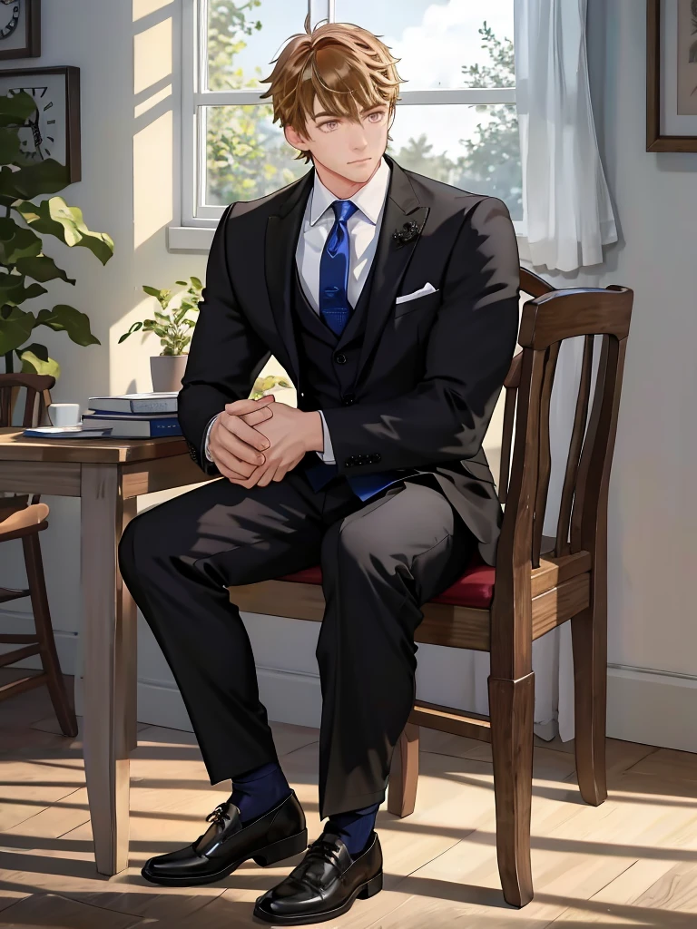 <lora:Luke_Pearce:1>,Luke Pearce, 1boy, male focus, sitting, solo, formal, necktie, window, pants, blue necktie, indoors, black pants, chair, black jacket, black footwear, jacket, white shirt, shirt, suit, long sleeves, closed mouth, full body, plant, clock, holding, polo shirt, shoes, 1boy, cowboy shot, masterpiece,best quality