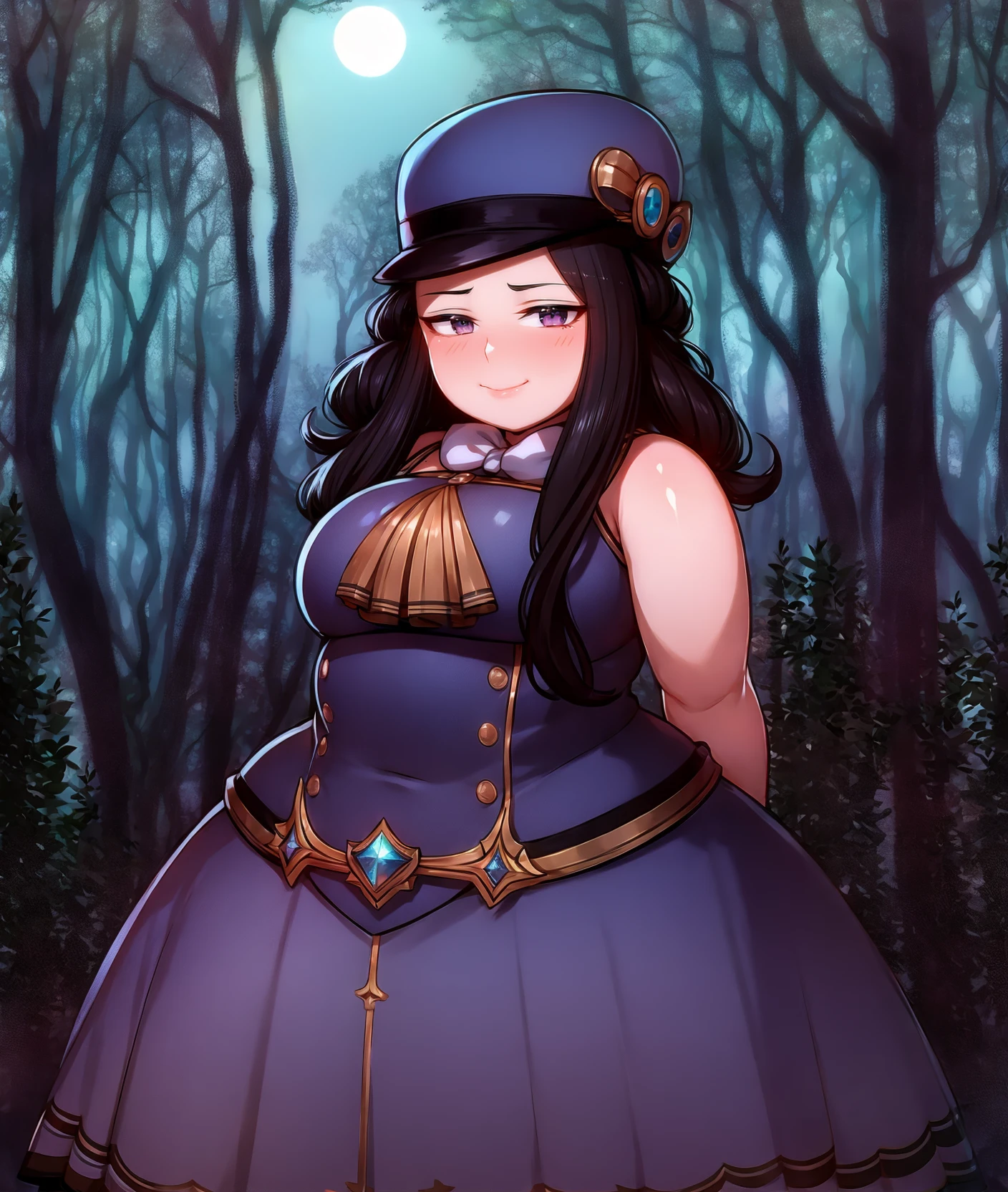 masterpiece, volumetric lighting, (art by ccu:0.6), (art by MysteryDad:0.5), (Camille Pissarro art style:1.2), 
solo, 1girl, 
fat, clothed midsection, dress,  sleeveless, night, moon, forest, cowboy shot, wide hips, looking to the side