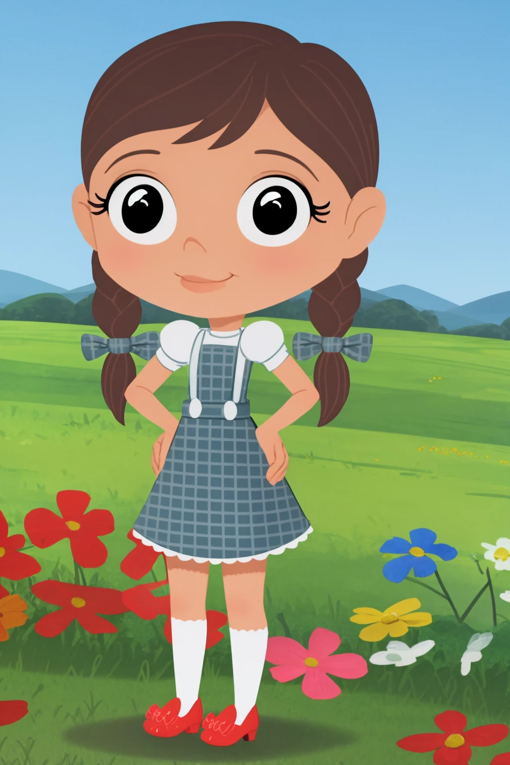 masterpiece, best quality, 1girl, dorothy, brown hair, twin braids, black eyes, blue dress, shoes, hands on hips, full body, solo, looking at viewer, grass, blue sky, meadow background <lora:Dorothy:1>