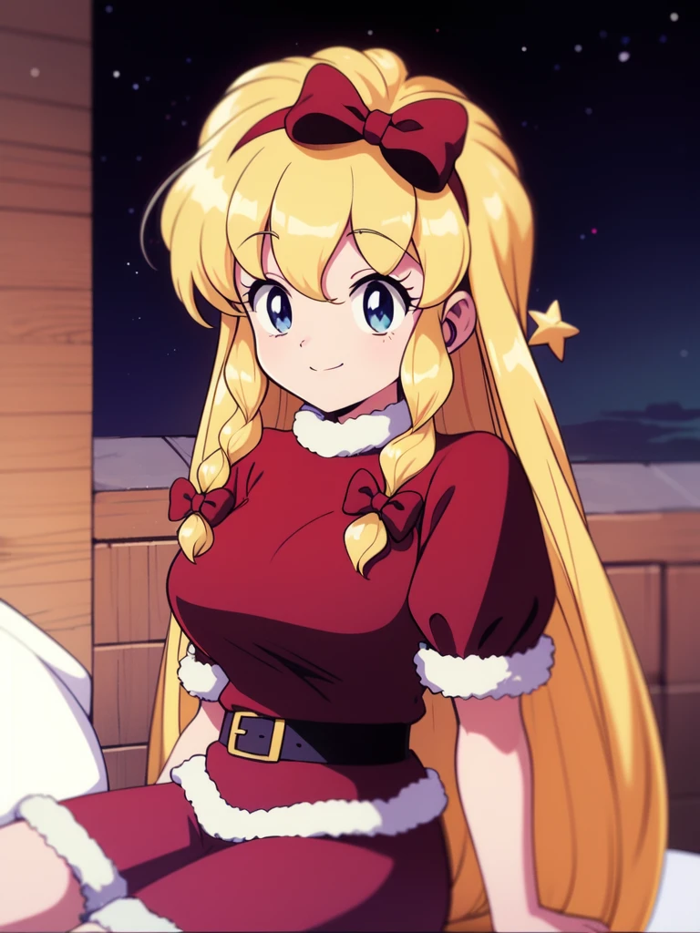 <lora:Maria_Renard:0.8> MariaRenard, very_long_hair, blonde_hair, blue_eyes, braid, hair_bow, red_bow, twin_braids, hairband, smile, large_breasts,
Christmas, SantaClaus, night, starry sky, sitting,
masterpiece, high quality, very_high_resolution, large_filesize, full color,ã1990s \(style\), anime, anime_screencap, animated gif, mp4 ,video, animated,
