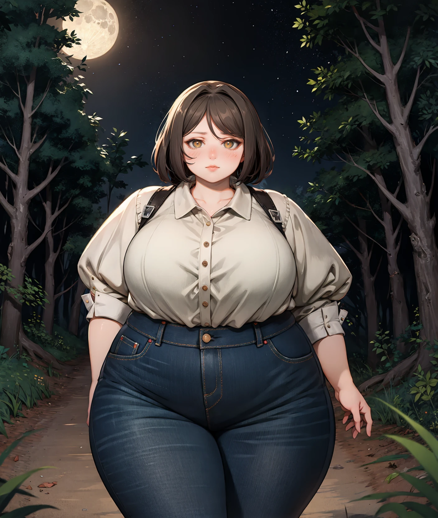 <lora:symodel-3-0-a3-lyco-extract:1>
masterpiece, volumetric lighting, (art by Jaykuma:0.6), (art by Sizemologist:0.5), (Tintoretto art style:1.2),
solo, 1girl,
fat, clothed midsection, collared shirt, jeans, night, moon, forest, cowboy shot, wide hips