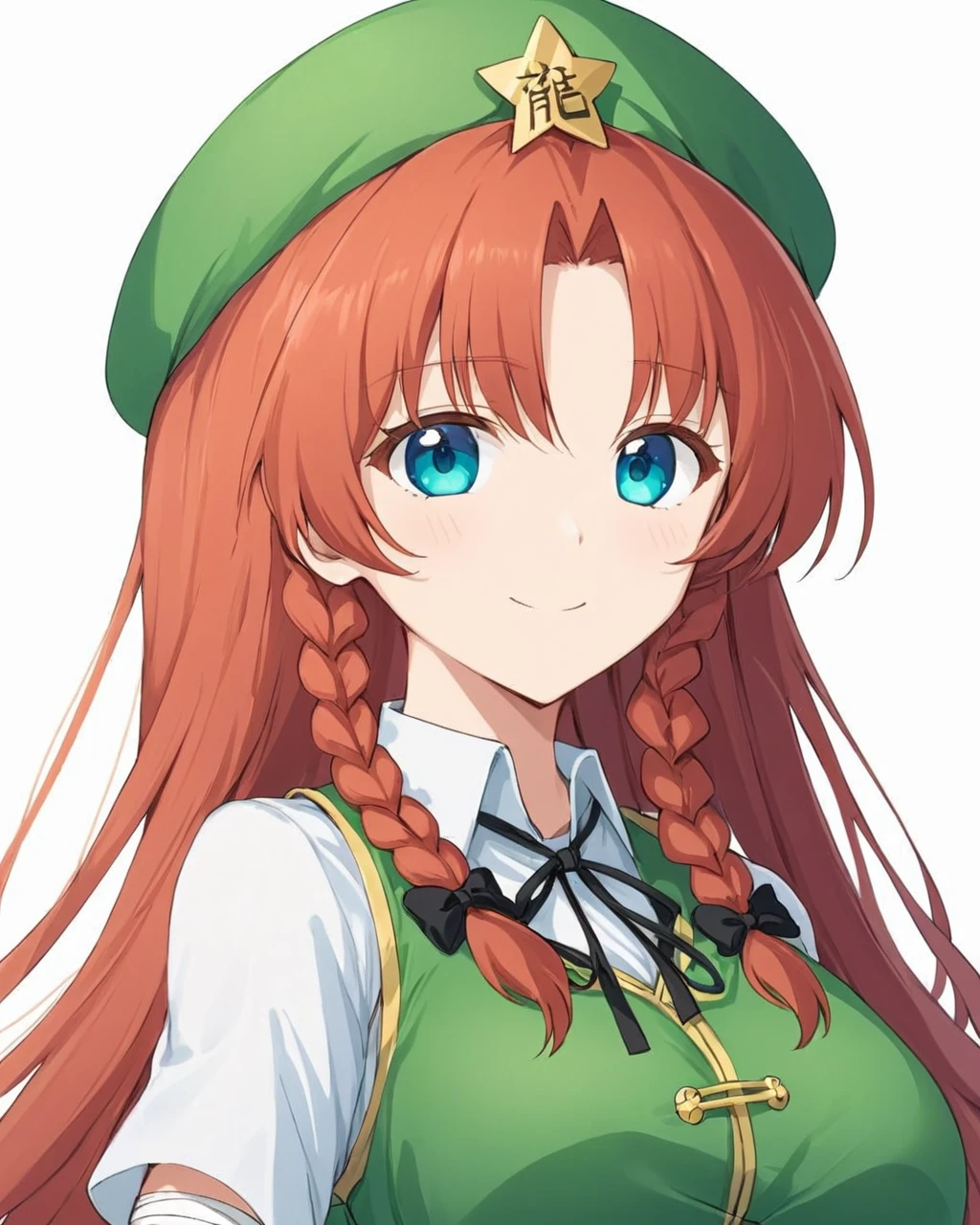 hong meiling,1girl, solo, star_hat_ornament, white_background, star_\(symbol\), looking_at_viewer, twin_braids, bandages, simple_background, upper_body, green_headwear, smile, beret, closed_mouth, breasts, black_ribbon, chinese_clothes, vest, white_shirt
<lora:hong_meiling_image3632_2023-12-11-000004:1>,star-shaped_pupils,symbol-shaped_pupils,. gorgeous,key visual, vibrant, studio anime,award-winning, professional, highly detailed,high budget, cinemascope