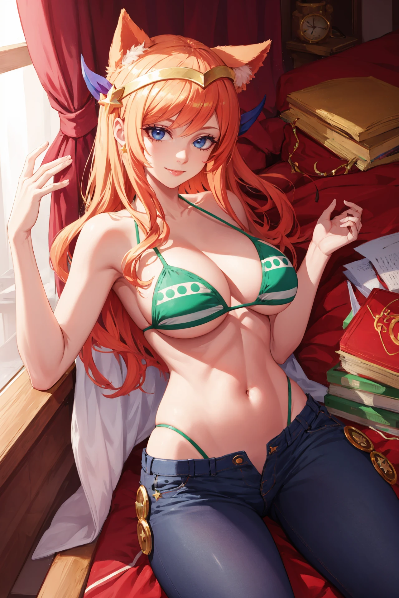 sunsethuman, two tone hair, red and yellow hair, medium breasts, bikini, sarong, in a library