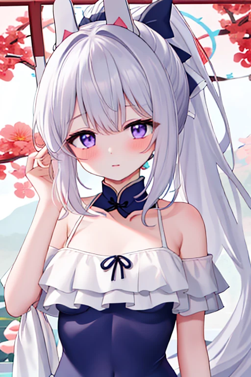 best quality, masterpiece, highres, solo, {china dress:1.40}, {chinese clothes:1.20}, {yuexuemiyako:1.15}, long_hair, halo, white_hair, purple_eyes, blush, bangs, bow, hair_bow, swimsuit, one-piece_swimsuit, ponytail, breasts, animal_ears, grey_hair