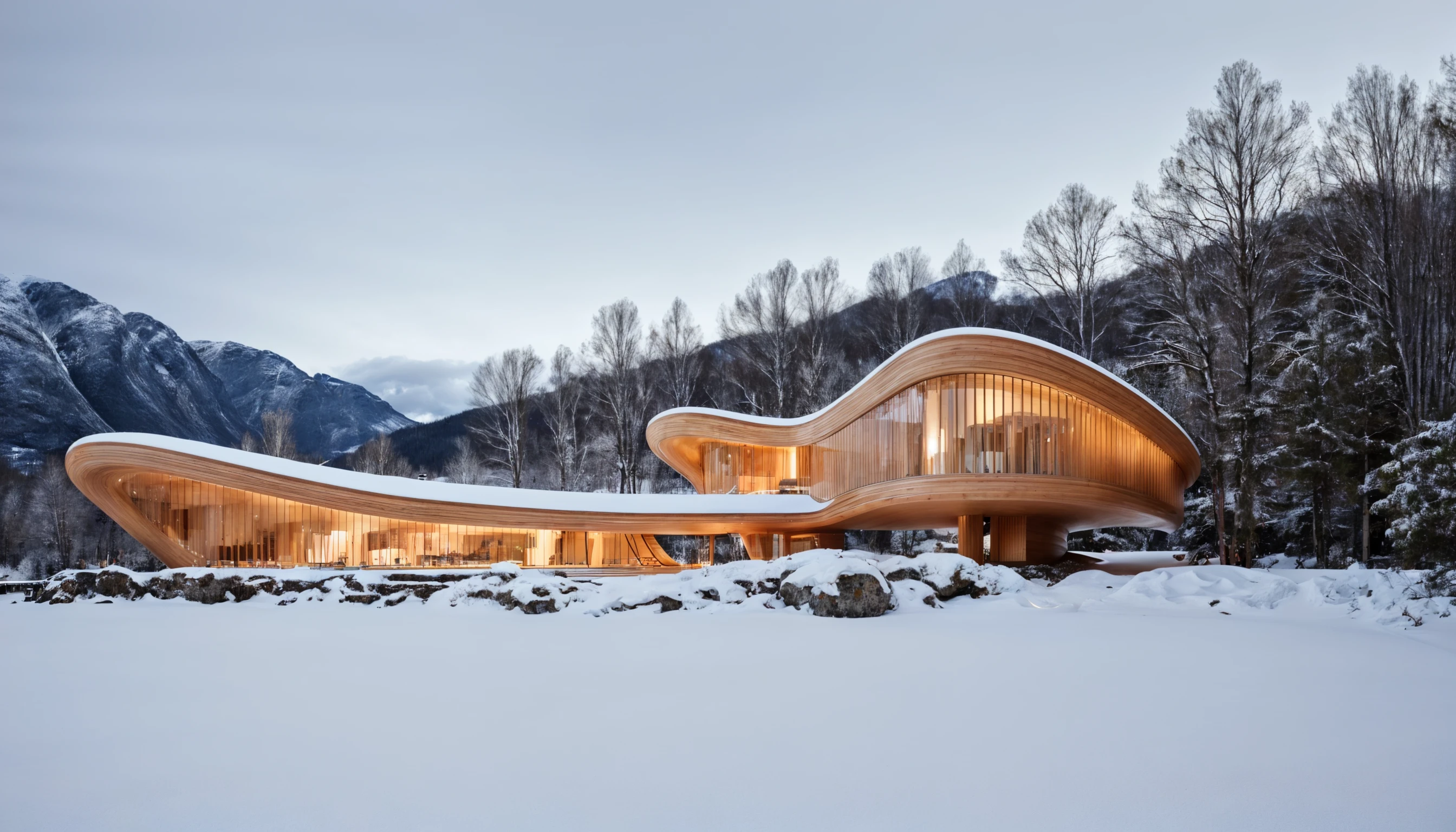 <lora:Arc_v5:0.68>, RAW photo, (curvy, raw, sculptural, carved wood, residential villa in Norway, designed by Kengo Kuma), beautiful composition, curvilinear, ((retro futurism style)), white sky, cinematic lighting, (diffused light:1), fog, architecture photography, hyper realistic, super detailed, 8k, Nikon Z6 Mirrorless Camera, film grain