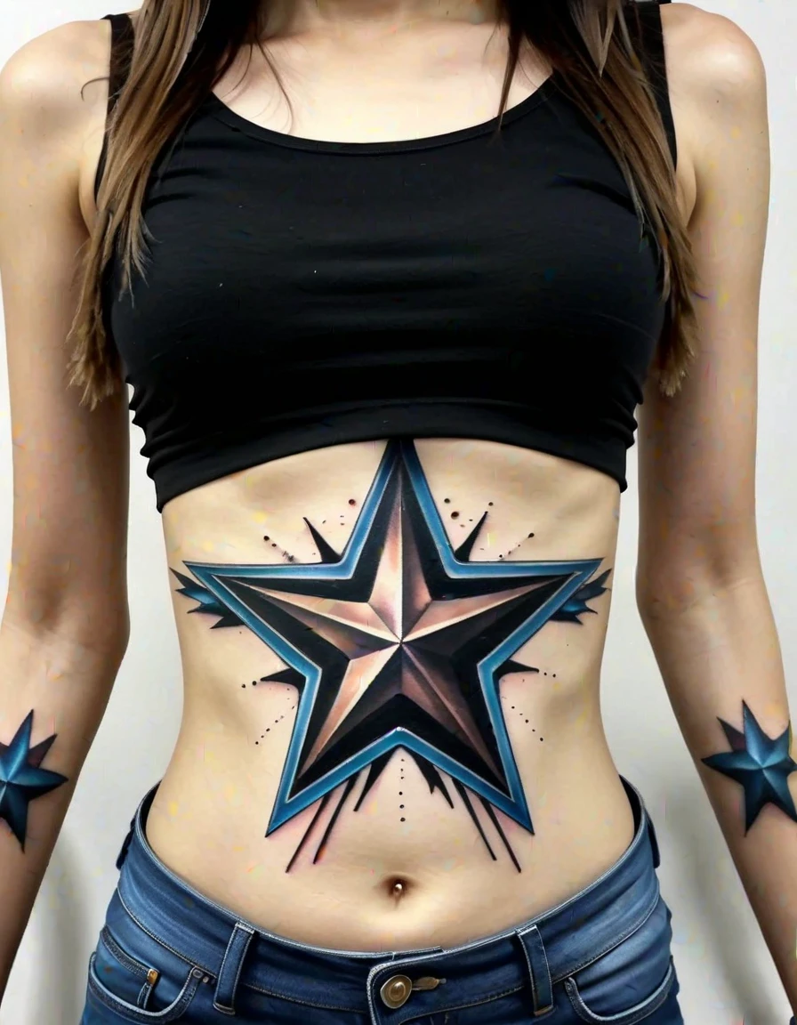 A photorealistic style of a graceful girl with a star tattoo on her stomach , <lora:chesttatto:0.45>