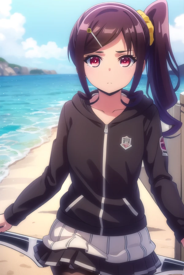 akariooshiro, <lora:akari ooshiro anime s1-lora-nochekaiser:1>,
akari ooshiro, long hair, brown hair, hair ornament, hairclip, side ponytail, hair scrunchie, yellow scrunchie, (red eyes:1.3),
BREAK skirt, long sleeves, pleated skirt, hood, miniskirt, black pantyhose, hoodie, blue shirt, blue sleeves,
BREAK outdoors, beach,
BREAK looking at viewer,
BREAK <lyco:GoodHands-beta2:1>, (masterpiece:1.2), best quality, high resolution, unity 8k wallpaper, (illustration:0.8), (beautiful detailed eyes:1.6), extremely detailed face, perfect lighting, extremely detailed CG, (perfect hands, perfect anatomy),
