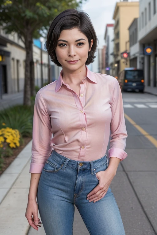 ZieM3rTTXV1B,
a beautiful smiling woman posing for masterpiece photo, wearing  a pink shirt and blue jeans, (modern street ambience:1.2),
(professional photo shooting), (high buget photo), (extremely detailed skin), (flawless skin), (model pose),
(natural light), (high quality photography), (intricate details), (8k), (HDR), (sharp focus), (medium close-up view:1.3)