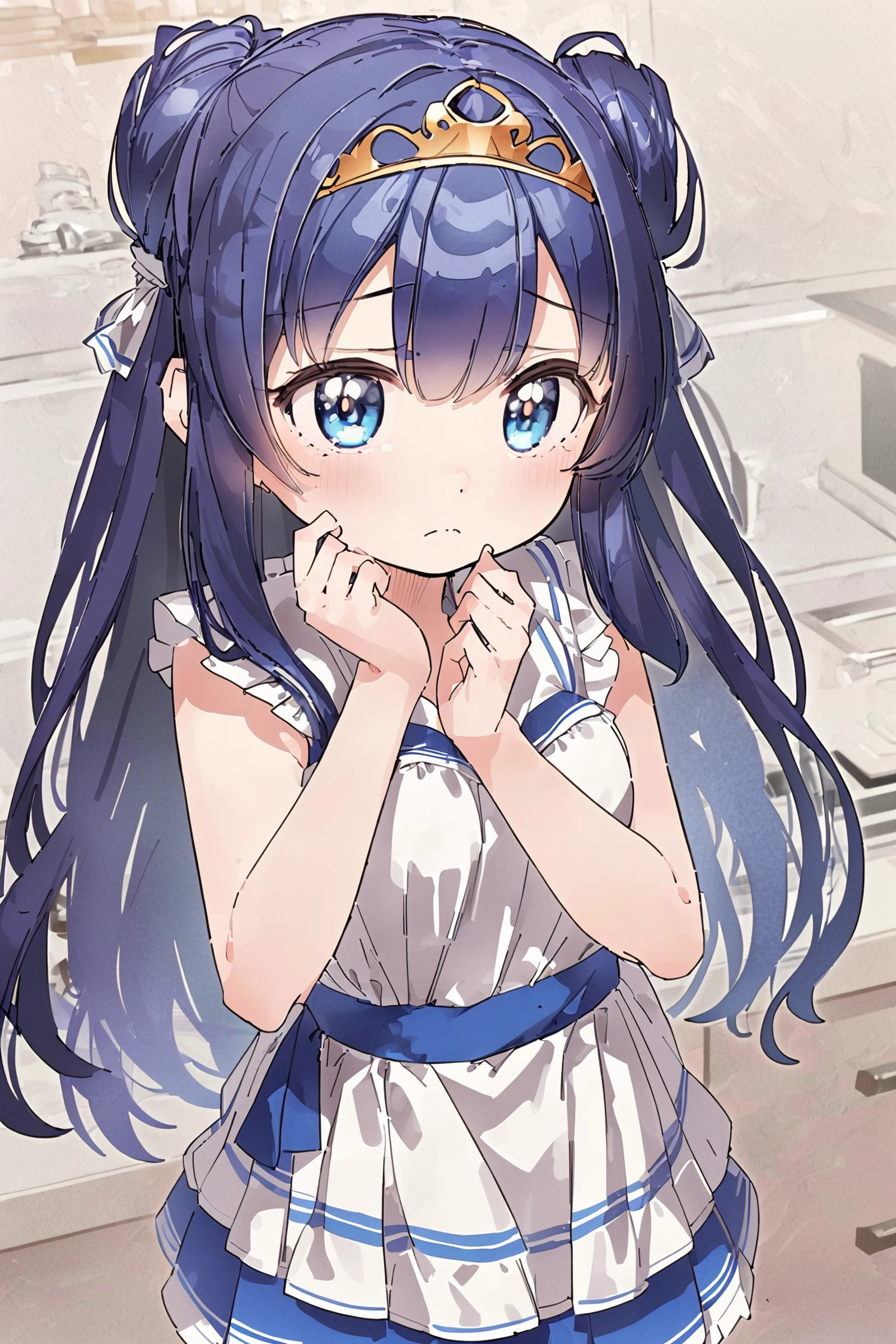 (masterpiece, top quality, extremely detailed, best quality, beautiful and aesthetic:1.2), (1girl:1.3), official art, high resolution, surreal, <lora:kusaka+MEI1-000014:0.8> kusaka+, cowboy shot, kitchen, dawn, own hands together, blue hair, very long hair, topknot, gradient eyes, toned, Striped maxi dress with a tiered skirt, sandals, medium breasts, nervous, tiara, sad