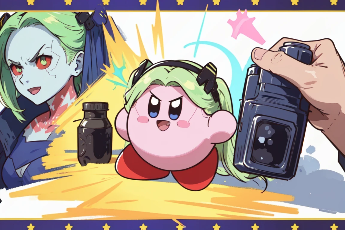 (masterpiece, best quality:1.2) <lora:KirbyV2:1> kirbycopy, (solo focus:1.2), (no humans:1.4), rebeccav1 kirby, fusion, cosplay, simple background ,serious face, :D, <lora:Rebecca:1>