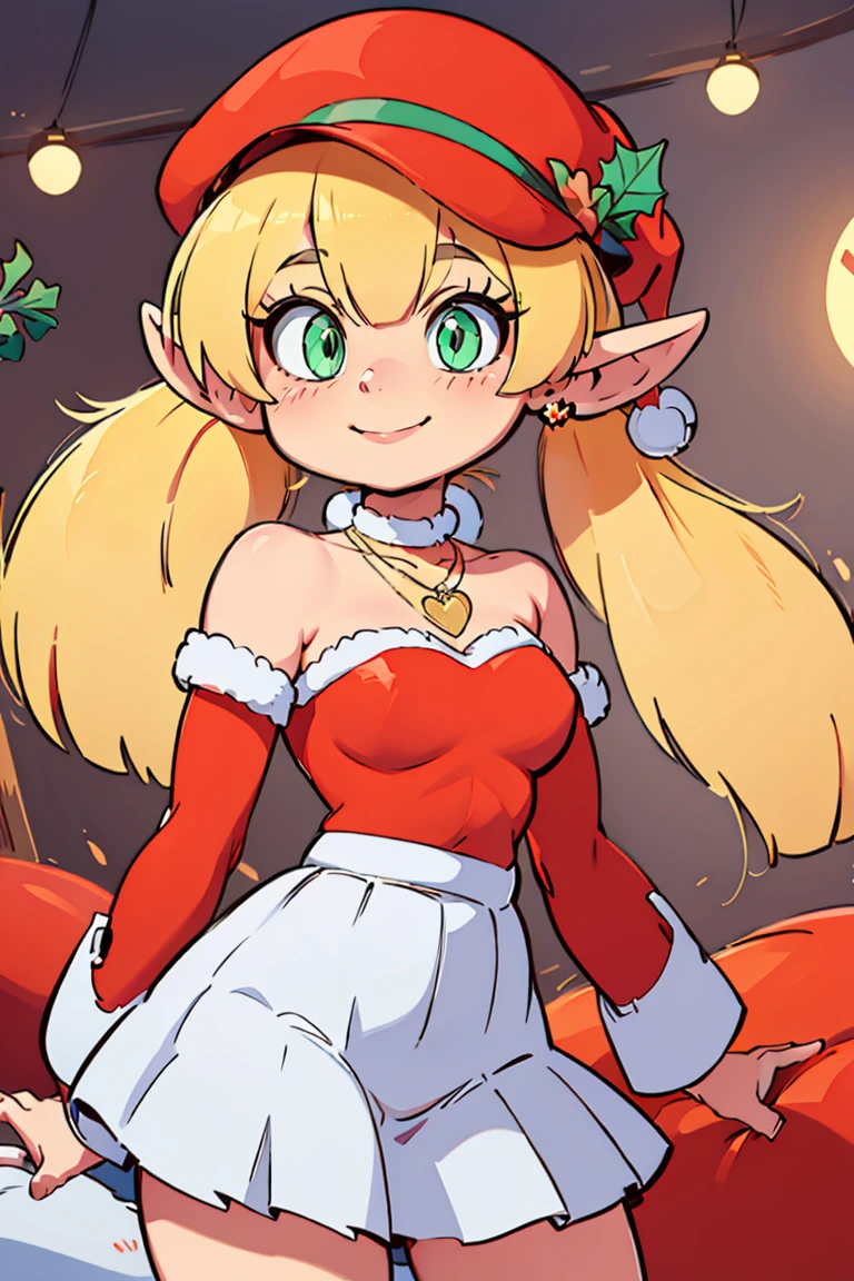 <lora:Diives_Style:0.8>,((masterpiece,best quality)), absurdres, <lora:Klee_Adult_Christmas:0.8>,  Klee_Adult_Christmas, pointy ears, green eyes, santa hat, mistletoe on hat, red shirt, bare shoulders, detached red sleeves, blonde, heart necklace, jewelry, twintails, white skirt, solo, smiling, looking at viewer, cowboy shot,