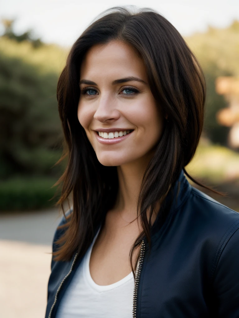Realistic photo of a beautiful c0urt3n3yc woman,1girl,solo,long hair,looking at viewer,smile,blue eyes,black hair,outdoors,teeth,grin,blurry,lips,black jacket,blurry background,portrait,realistic,soft lighting, professional Photography, Photorealistic, detailed, RAW, analog, sharp focus, 8k, HD, high quality, masterpiece<lora:c0urt3n3yc:1.0>