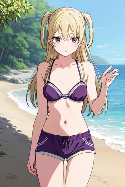 masterpiece, highres, 1girl, <lora:ErikaKizakiR4:0.7>, ErikaKizakiR4, purple eyes, blonde hair, long hair, two side up, bra, shorts, beach