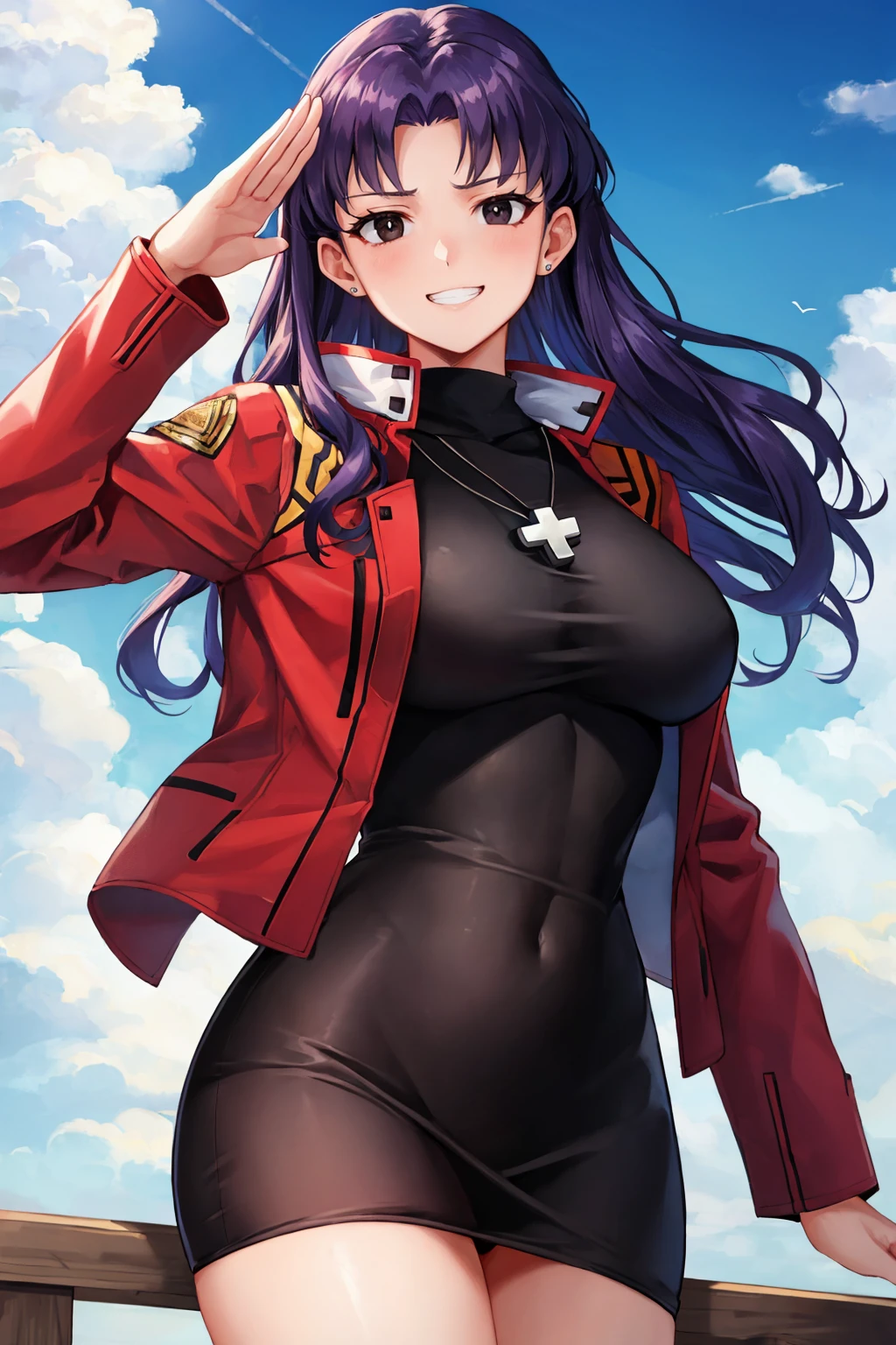 masterpiece, best quality, <lora:misato-nvwls-v1-000010:0.9> misato, black eyes, parted bangs, long hair, earrings, cross necklace, red jacket, long sleeves, black dress, large breasts, salute, looking at viewer, grin, furrowed brow, sky, clouds