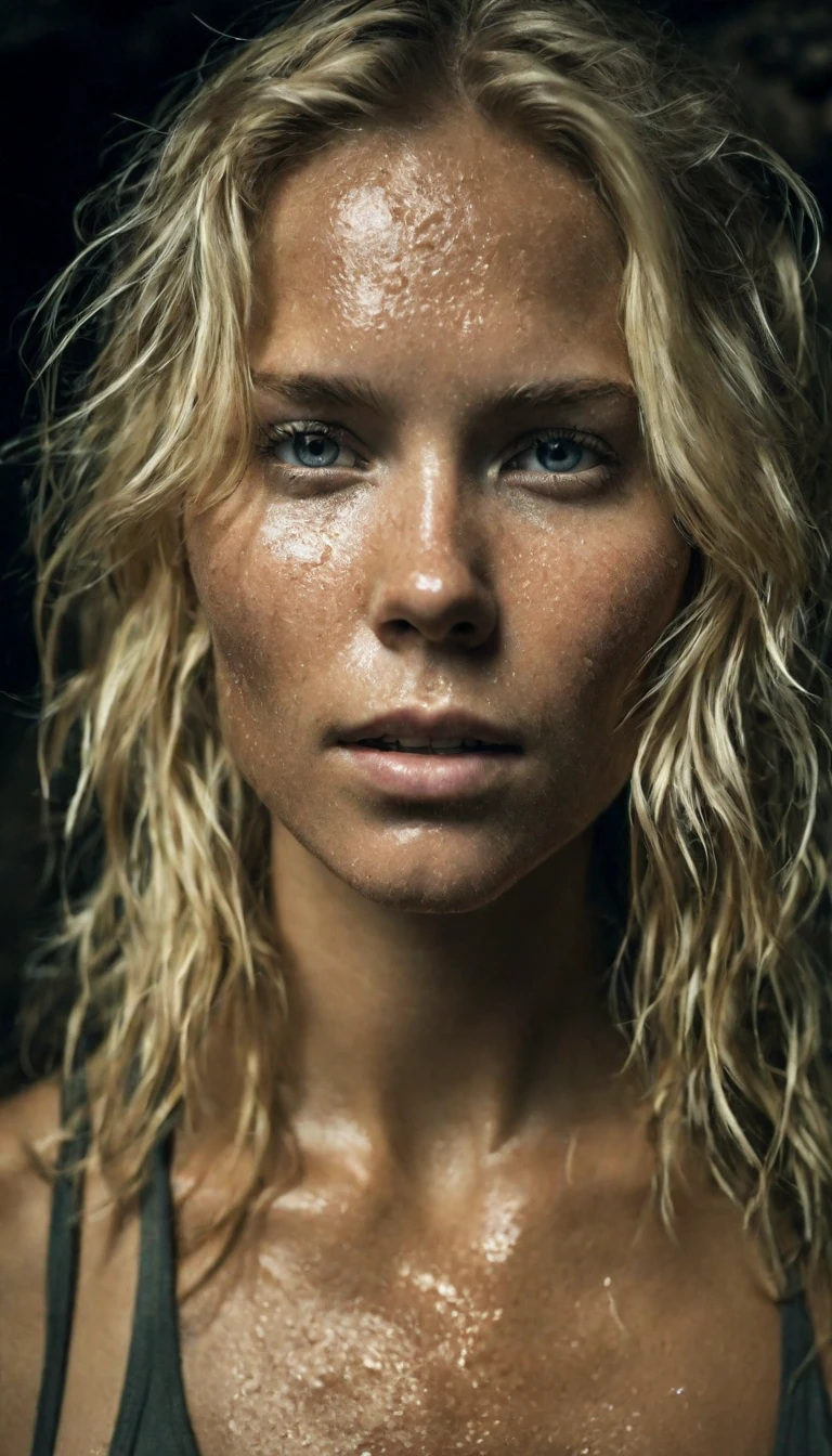 portrait photograph of 1girl working in a cave, she is sweaty,, sweaty face, sweaty cleavage,, blonde hair, 25 year old, upperbody visible, belly button, ultra detailed skin texture, cinematic, promotional movie photograph, photo shot by Ingrid baars, shot with Hasselblad