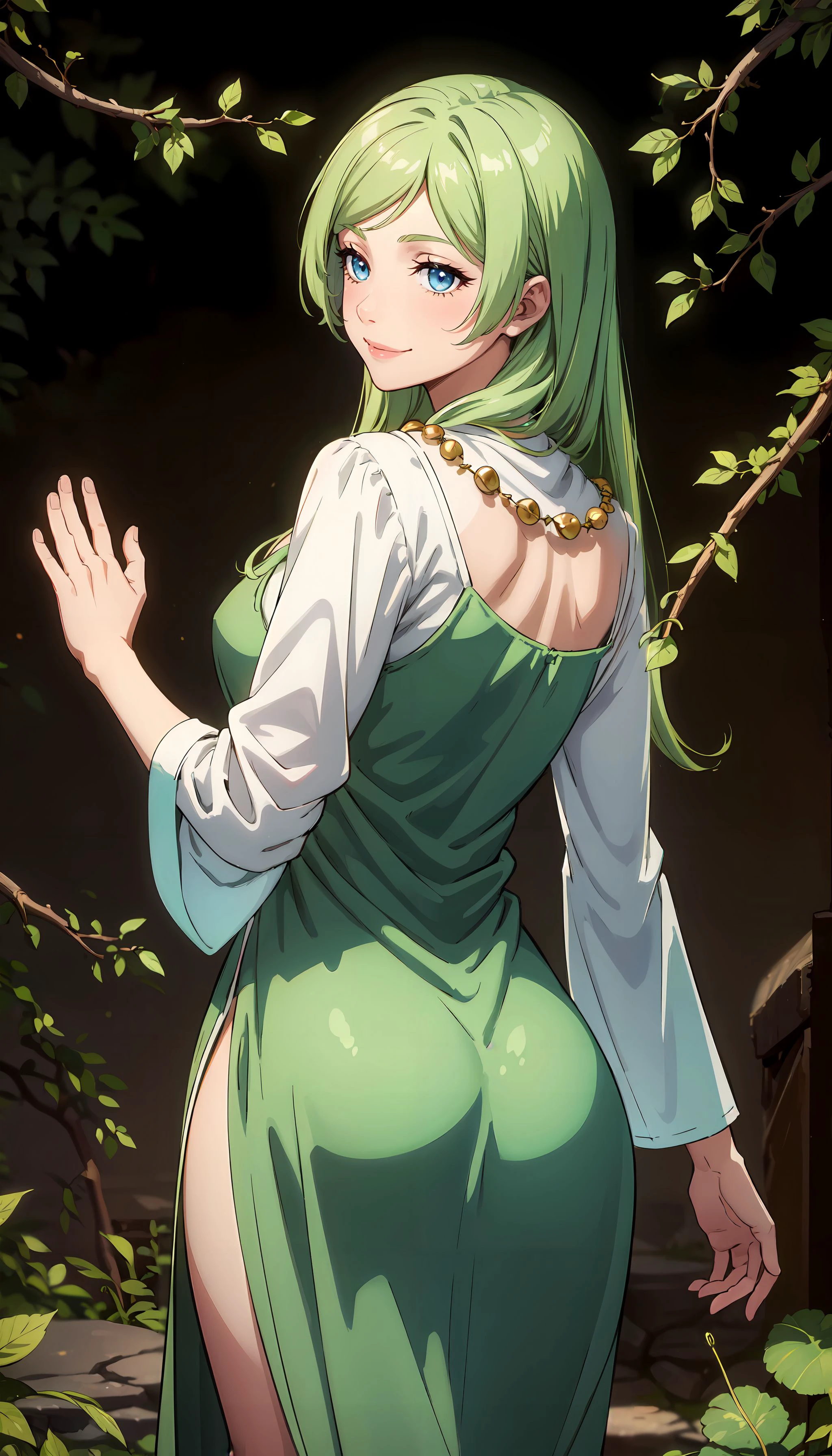 photorealistic, (4k), depth of field, (Masterpiece), (realistic skin texture), extremely detailed, intricate, hyper detailed, professional photography, bokeh, high resolution, sharp detail, best quality, woman, green dress, long dress, white sleeves, long hair, green hair, blue eyes, red necklace, (turned away but looking back over her shoulder:1.2), dynamic pose, <lora:Treyni-000002:0.7> , backlit by sun, glowing, vines,