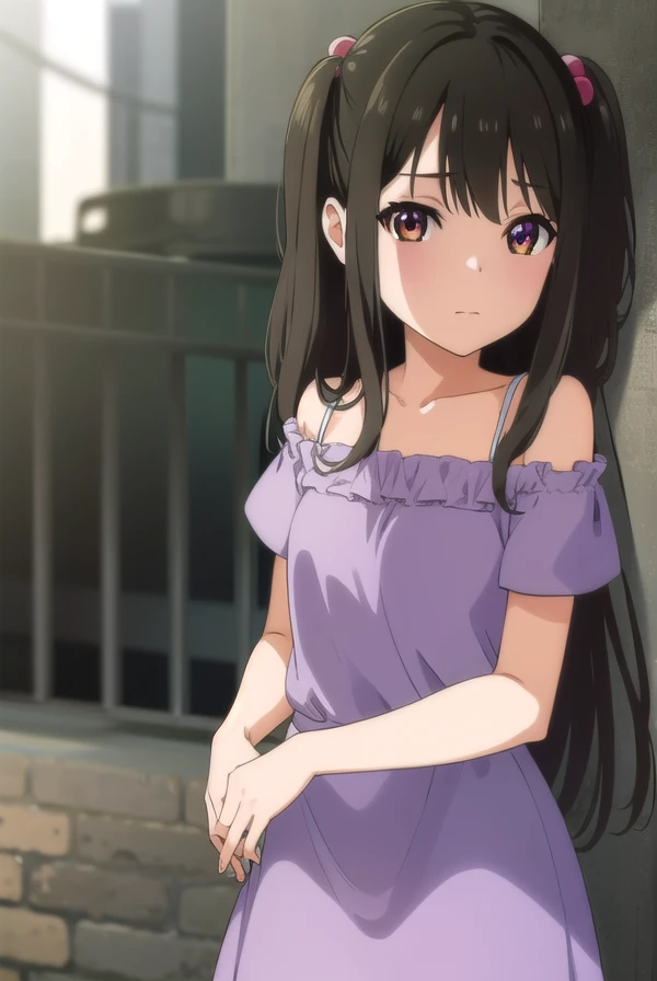 tenkaadachi, <lora:tenka adachi ova-lora-nochekaiser:1>,
tenka adachi, black hair, (brown eyes:1.3), side ponytail, long hair, hair bobbles,
BREAK shorts, off shoulder, dress, purple dress,
BREAK outdoors,
BREAK looking at viewer, (cowboy shot:1.5),
BREAK <lyco:GoodHands-beta2:1>, (masterpiece:1.2), best quality, high resolution, unity 8k wallpaper, (illustration:0.8), (beautiful detailed eyes:1.6), extremely detailed face, perfect lighting, extremely detailed CG, (perfect hands, perfect anatomy),