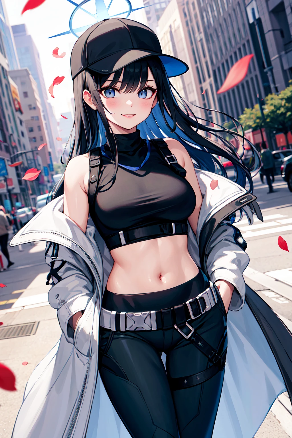 masterpiece, best quality, highres, aasaori, halo, long hair, black hair, hat, black headwear, bare shoulders, crop top, black shirt, harness, sleeveless, off shoulder, coat, midriff, belt, black pants, <lora:saori_(blue_archive)_v1:0.7>, hands in pockets, (petals:1.2), smile,