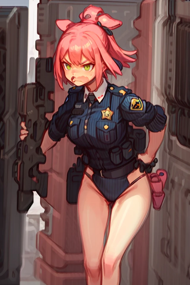 1girl,cute face,angry,police,suit,holding gun, handgun, androidarts