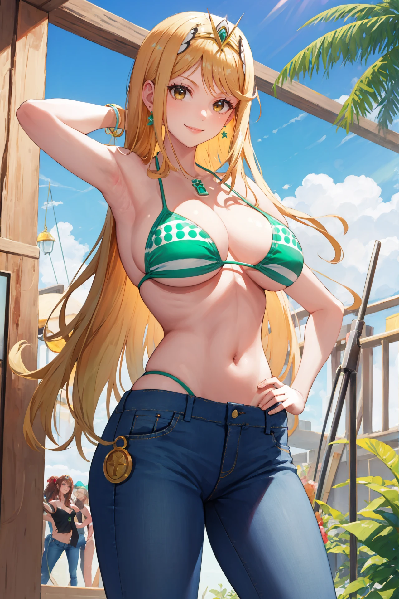 girl, blonde hair, long hair, green eyes, happy smile, forehead, dientes apretados, green bikini top only, open denim jacket, denim shorts, city, standing, big breasts
