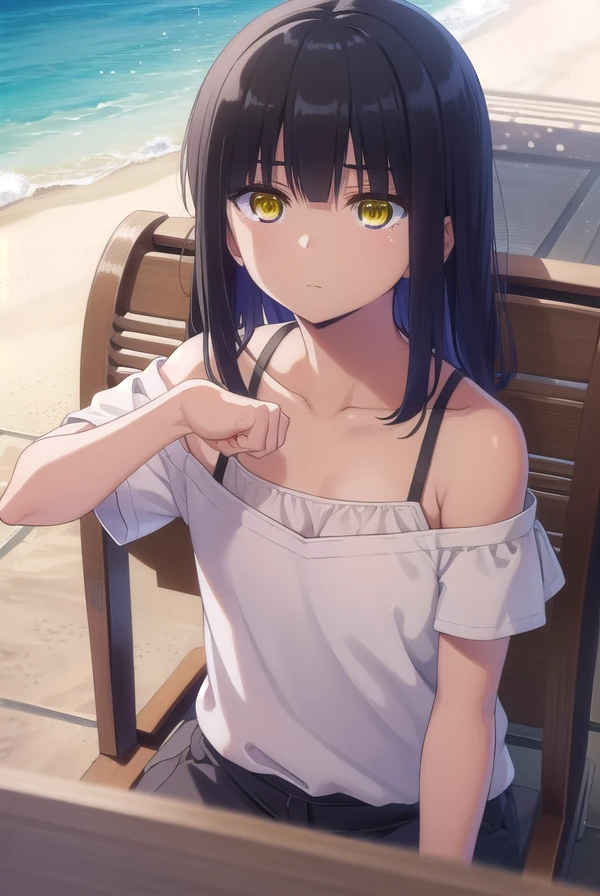 narumitooi, <lora:narumi tooi anime s1-lora-nochekaiser:1>,
narumi tooi, long hair, black hair, (yellow eyes:1.3), bangs, blunt bangs, (flat chest:1.2),
BREAK shirt, white shirt, off shoulder, short sleeves, collarbone, bra strap,
BREAK outdoors, beach,
BREAK looking at viewer,
BREAK <lyco:GoodHands-beta2:1>, (masterpiece:1.2), best quality, high resolution, unity 8k wallpaper, (illustration:0.8), (beautiful detailed eyes:1.6), extremely detailed face, perfect lighting, extremely detailed CG, (perfect hands, perfect anatomy),